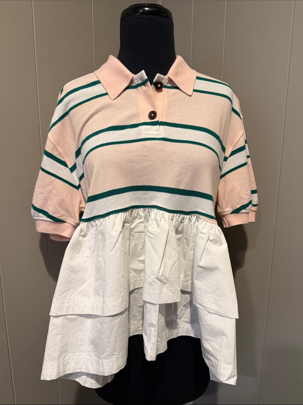 Maeve Anthropologie Women’s XS Pink Polo Top with Green Stripes and White Ruffle